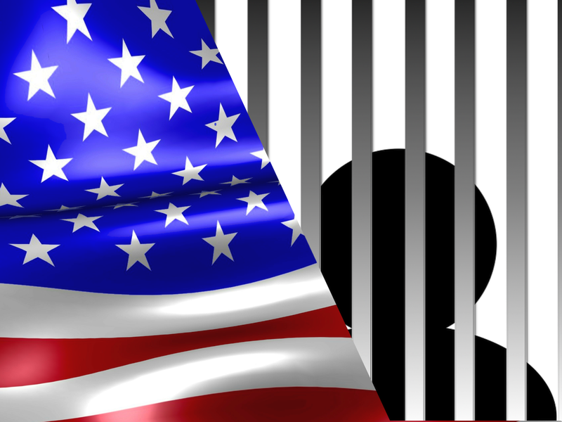 Slide 1 left side US flag...right side pic of person w-afro behind bars